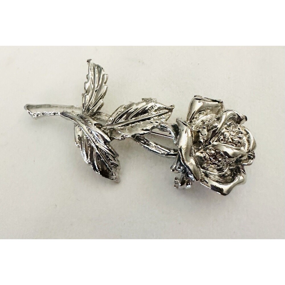 Vintage Silver Tone Rose Brooch Floral Pin Rhinestone Accent Romantic